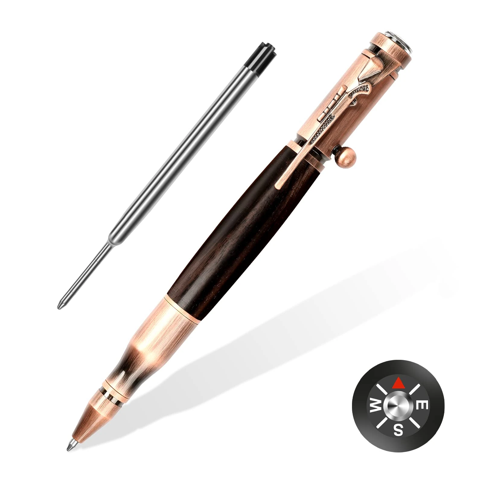 Bolt Action Pen with Compass & Extra Refill,Christmas Gifts Thanksgiving Day Gift Cool Gadgets for Men Wooden Ballpoint Pens Luxury Gel Ink Pens Medium Point 1.0 mm Black Ink