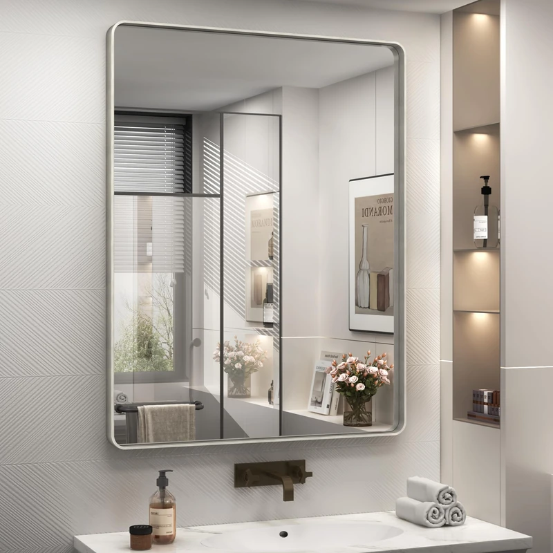 CHARMOR 28x36 Silver Bathroom Mirror for Wall, Brushed Metal Framed Bathroom Vanity Mirror, Rounded Corner Rectangle Silver Mirror, Shatterproof, Anti-Rust (Horizontal/Vertical)