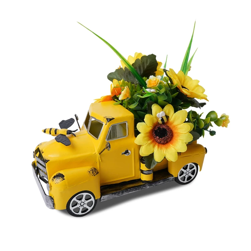 fztksmart Metal Truck Decor with Sunflowers,Honey bee Decor,Fall Table Decor for Home Farmhouse,Vintage Pickup for Living Room Shelf Kitchen Table Centerpieces,Yellow - Image 1