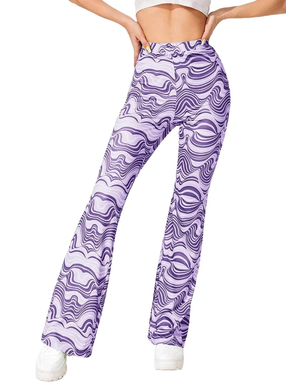 EVELUST Rave Flare Pants for Women - Festival Outfits 70s Flair Leggings Disco Festival High Waist Bell Bottom Trousers(Purple, S, 1040w) - Image 1