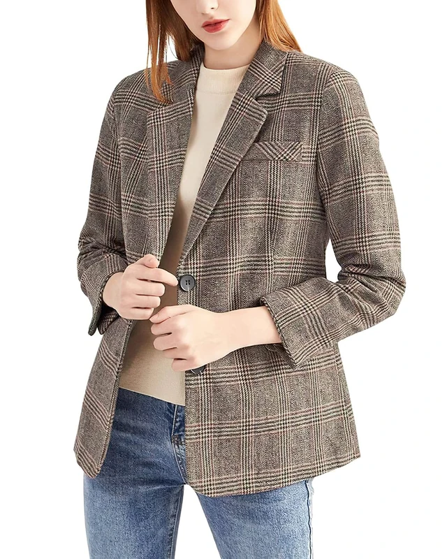 ebossy Women's Notch Lapel 2 Button Boyfriend Blazer Suit Houndstooth Plaid Jacket Coat, Mocha, XL