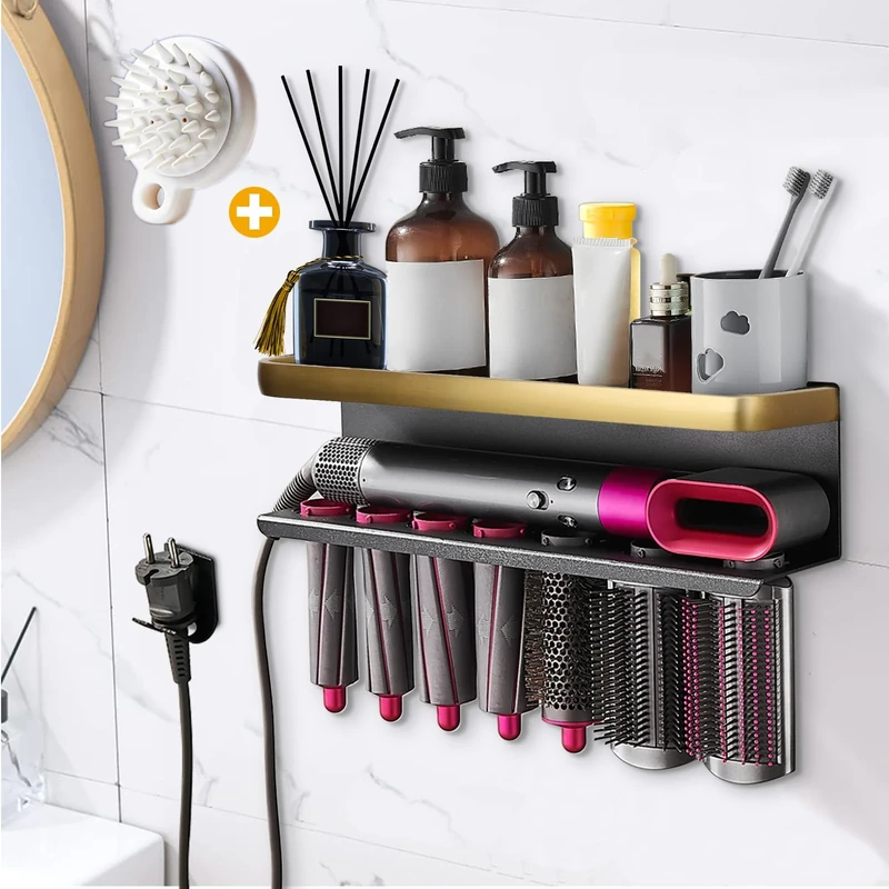 Yimerlen Straightener Holder Compatible with Dyson Airwrap Wall Mount Storage Rack for Curling Iron Attachments and Complete Styler (Gold/Black, with Air Cushion Comb) - Image 1