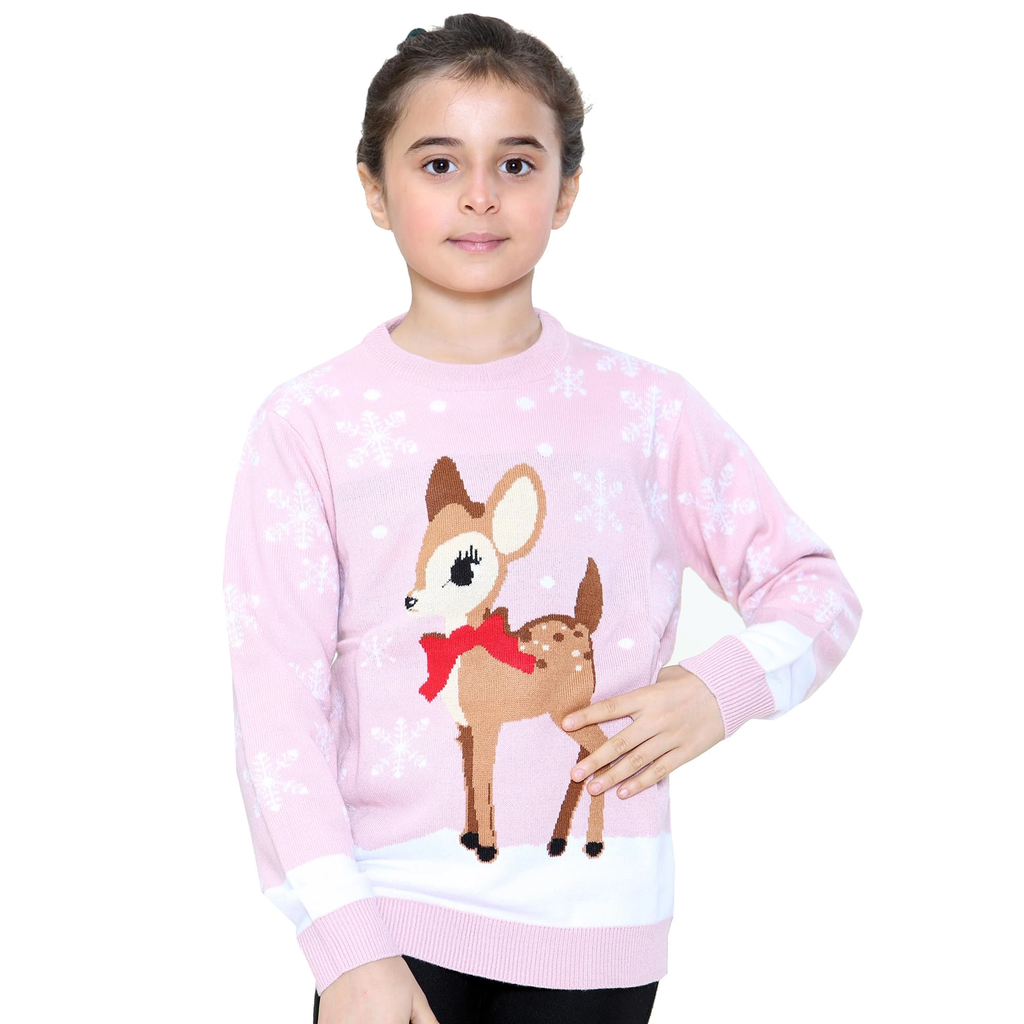 NOROZE Girls Christmas Jumper 3D Kids Bird Reindeer Retro Pullover Sweater, Christmas Sweater Girls (Reindeer Pink, 3-4 Years)