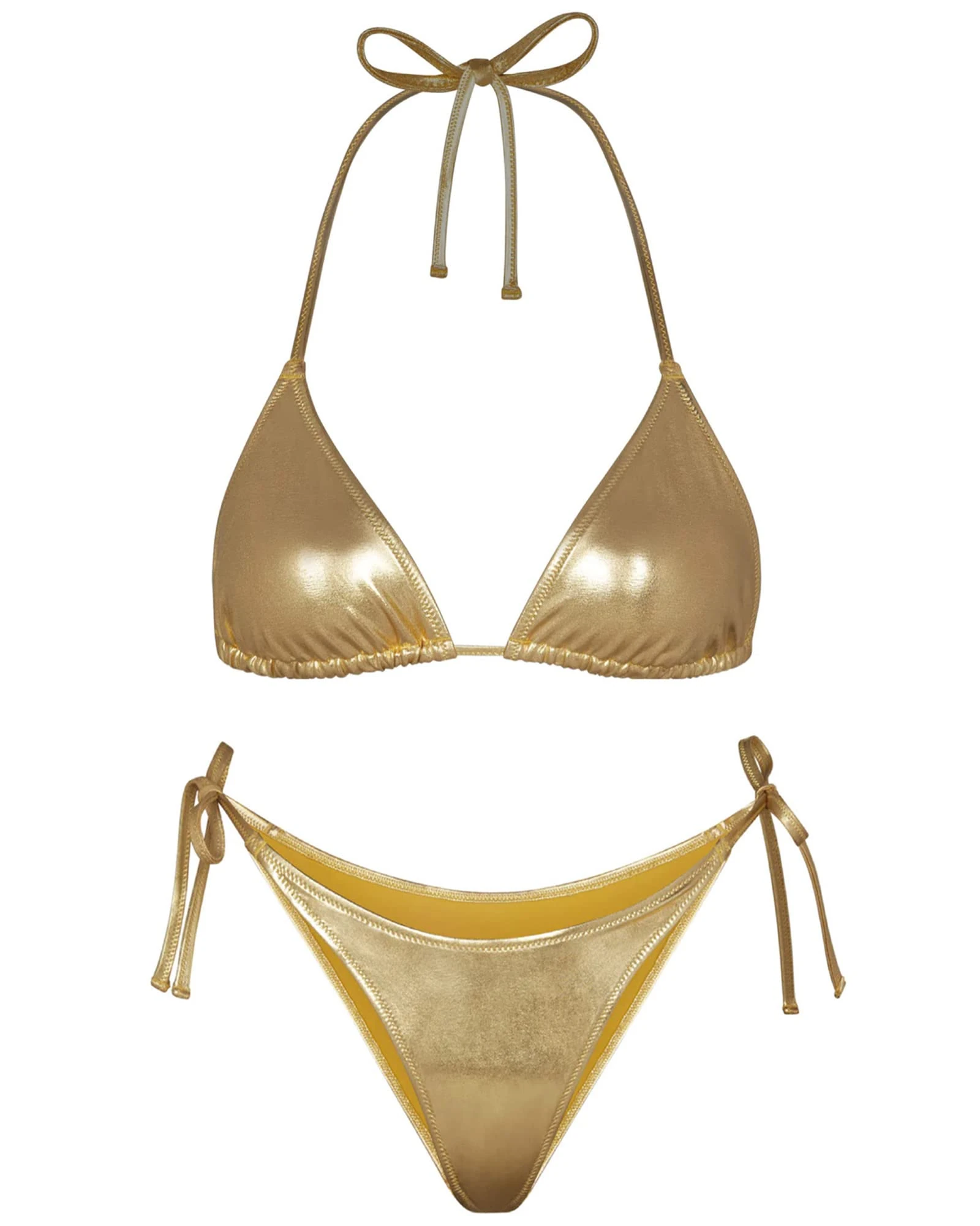 Metallic Bikini for Women - Retro Shiny Silver Gold Swimsuits Bathing Suit Triangle Tops Side Tie Thong Bottom Set(Gold,XL,1026w)