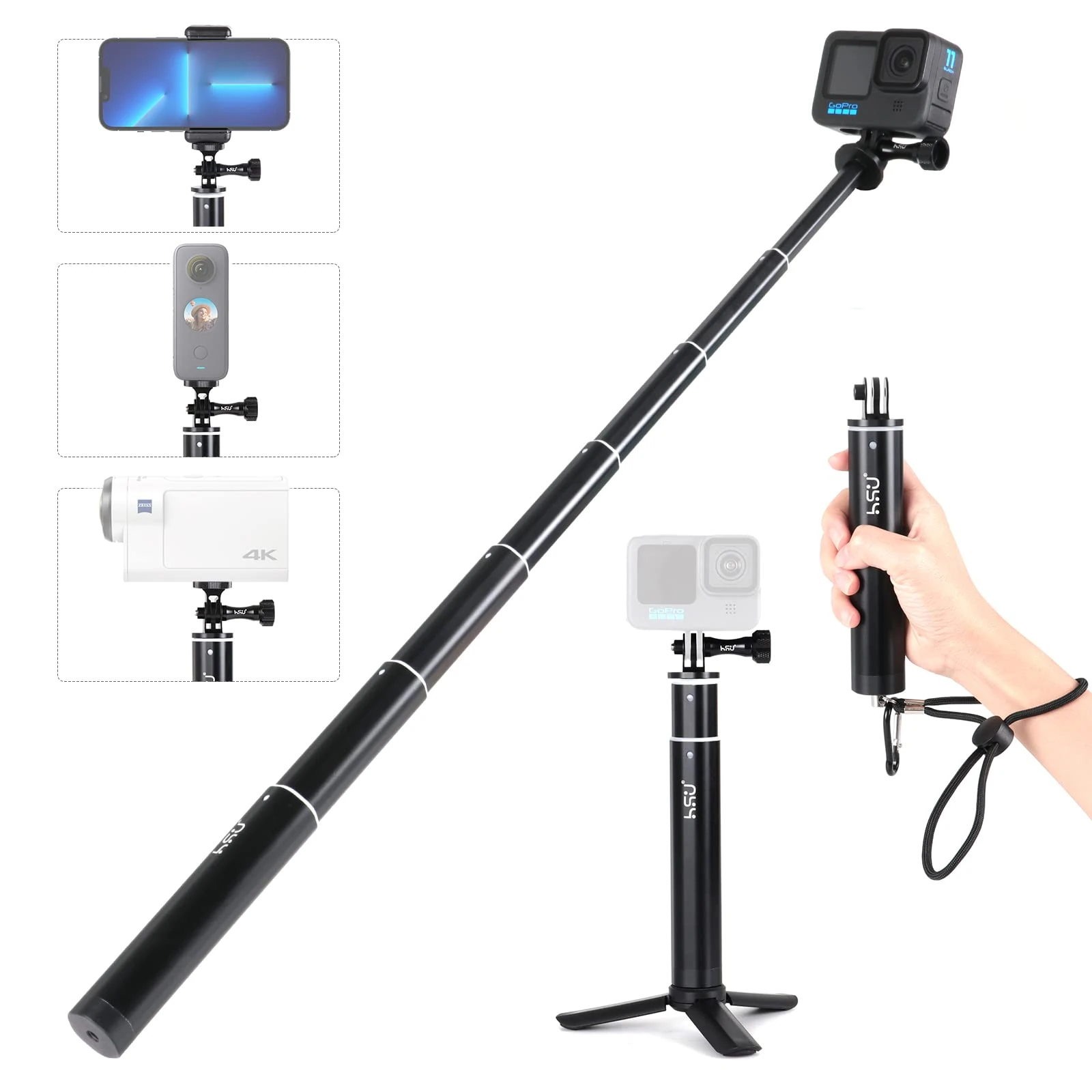 HSU 64cm Extendable Selfie Stick, Aluminum Handle Grip for GoPro Hero 13/12/11/10/9/8/7/6/5/4/3, other Action Cameras and Smartphones