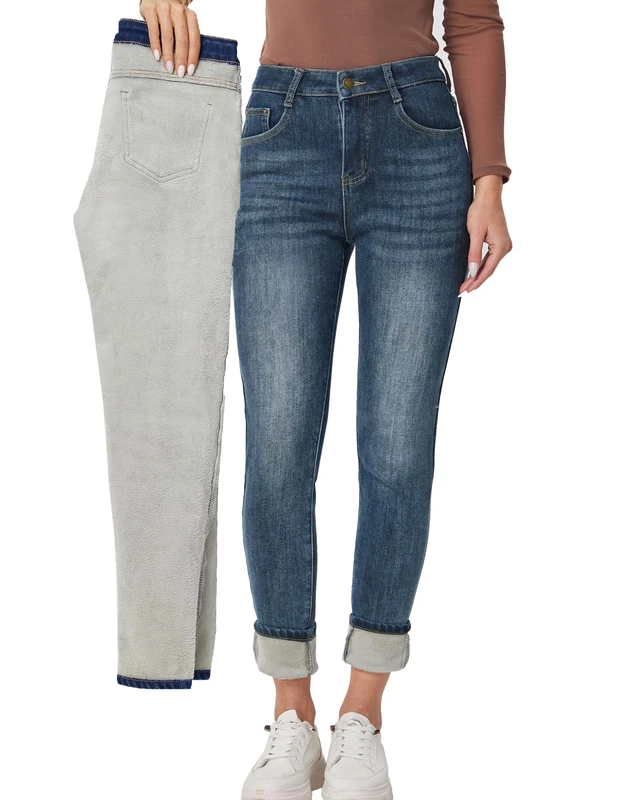 heipeiwa Women's Winter Jeans Fleece Lined Jeans Thermal Thick Skinny Denim Pants Slim Stretch Warm Jeggings, Blue 017 Vintage, S - Image 1