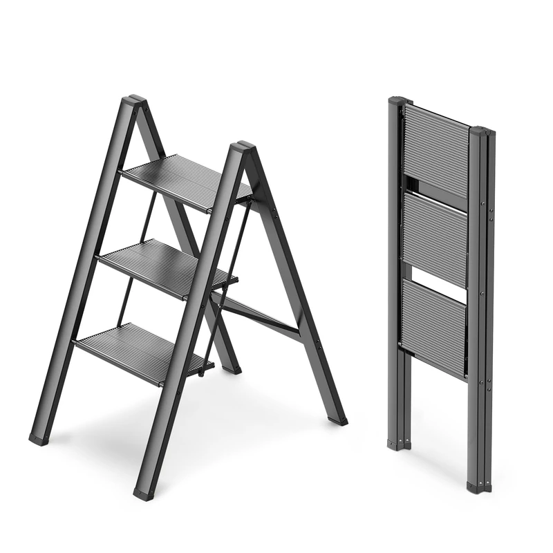 WOA WOA 3 Step Ladder, Foldable Step Stool, Aluminum Lightweight Ladder for Home Kitchen Closet, Anti-Slip Pedals, Ease of Folding, Portable, 300lbs Capacity - Black - Image 1