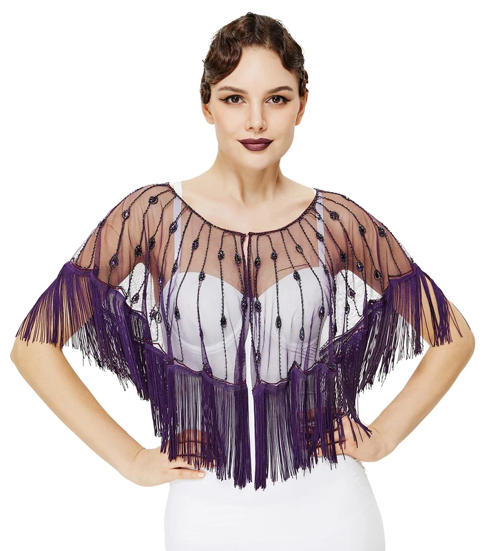 BABEYOND Sequin Beaded Shawl Wrap 1920s Evening Cape Shawl Gatsby for Evening Dresses Wedding Party, Purple, One Size