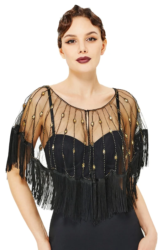BABEYOND Sequin Beaded Shawl Wrap 1920s Evening Cape Shawl Gatsby for Evening Dresses Wedding Party, Black Gold, One Size