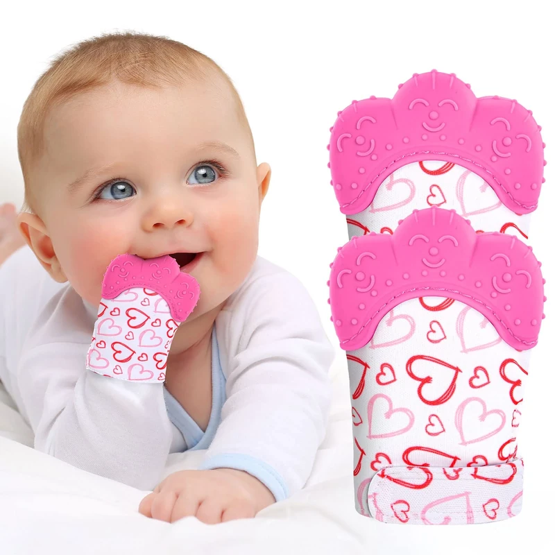 Vicloon Baby Teething Set - 2 Pack Silicone Mittens with Sound - Rose Red