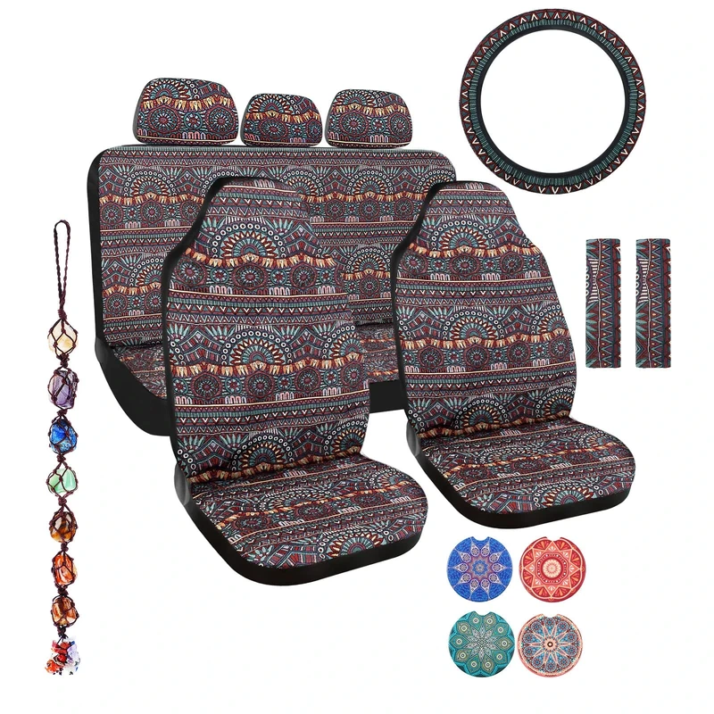 Frienda 14 Pcs Baja Car Seat Covers Full Set Multicolor Stripe Boho Print Steering Wheel Cover Seat Belt Cover Crystal Hanging Ornament Car Holders Fits (Boho Style)
