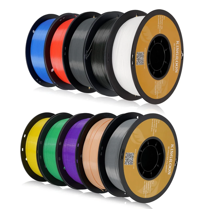 Kingroon PLA 3D Printer Filament, 10 Rolls, Dimensional Accuracy +/- 0.03 mm, 10kg Spool(22lbs), 1.75 mm，Black White Grey Red Blue Green Purple Skin Silver Yellow