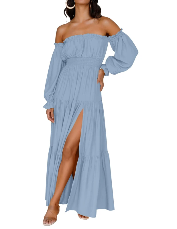ZESICA Women's 2024 Boho Sexy Off Shoulder Long Sleeve Smocked High Waist Side Split Flowy A Line Tiered Long Maxi Dress, Light Blue, M