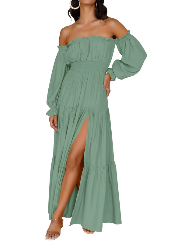 ZESICA Women's 2023 Boho Sexy Off Shoulder Long Sleeve Smocked High Waist Side Split Flowy A Line Tiered Long Maxi Dress, Green, M