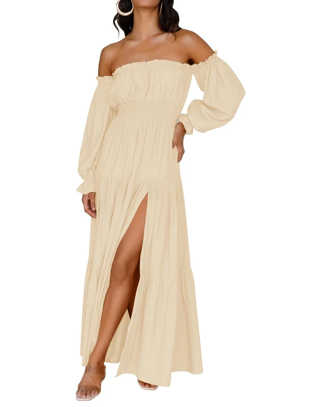 ZESICA Women's 2025 Boho Sexy Off Shoulder Long Sleeve Smocked High Waist Side Split Flowy A Line Tiered Long Maxi Dress, Light Yellow, XL