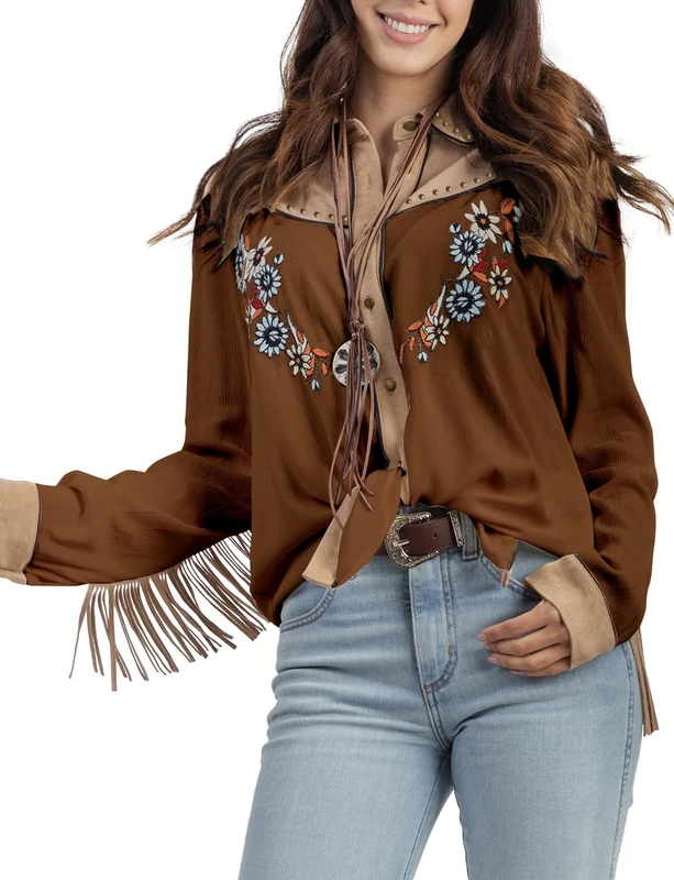 John Moon Women's Embroidered Western Long Sleeve Buttons Down Shirts Collared Retro Casual Blouses Shirts, Coffee, M