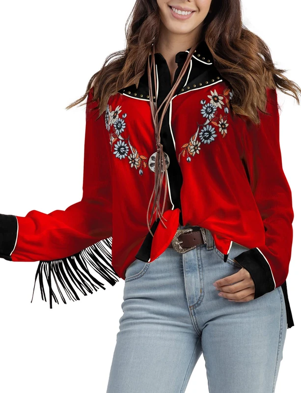 JOHN MOON Women's Embroidered Western Long Sleeve Buttons Down Shirts Collared Retro Casual Blouses Shirts, Red, M - Image 1