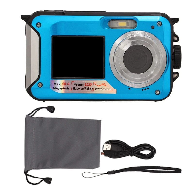 Waterproof Digital Camera, 10ft Full HD 2.7K 48MP 16X Digital Zoom Selfie Dual Screen Full Color LCD Displays Waterproof Camera for Snorkeling, Surfing, Swimming(blue)