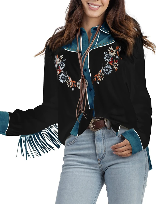 JOHN MOON Women's Embroidered Western Long Sleeve Buttons Down Shirts Collared Retro Casual Blouses Shirts, Black, XXL