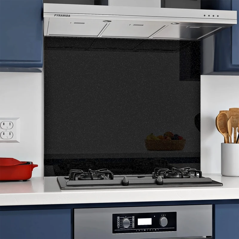 BELOFAY 60x70cm Black Sparkles 6mm Tempered Glass Splashback for Kitchen, 6mm Toughened Glass Heat Resistant Splashbacks for Cookers