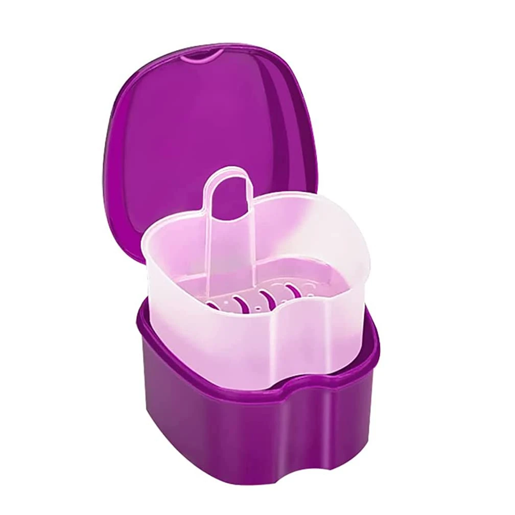 Denture Bath Case Orthodontic Dental Retainer Box Plastic False Teeth Bath Box Denture Cleanning Set Container Soaking Denture Bath for Storing Soaking Dentures Cleaning Box with Filter(Purple)