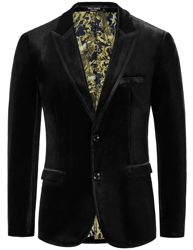 PJ Paul Jones Mens Velvet Blazer Two Button Sport Coat Solid Slim Fit Suit Jacket for Dinner Prom Wedding, Black, M