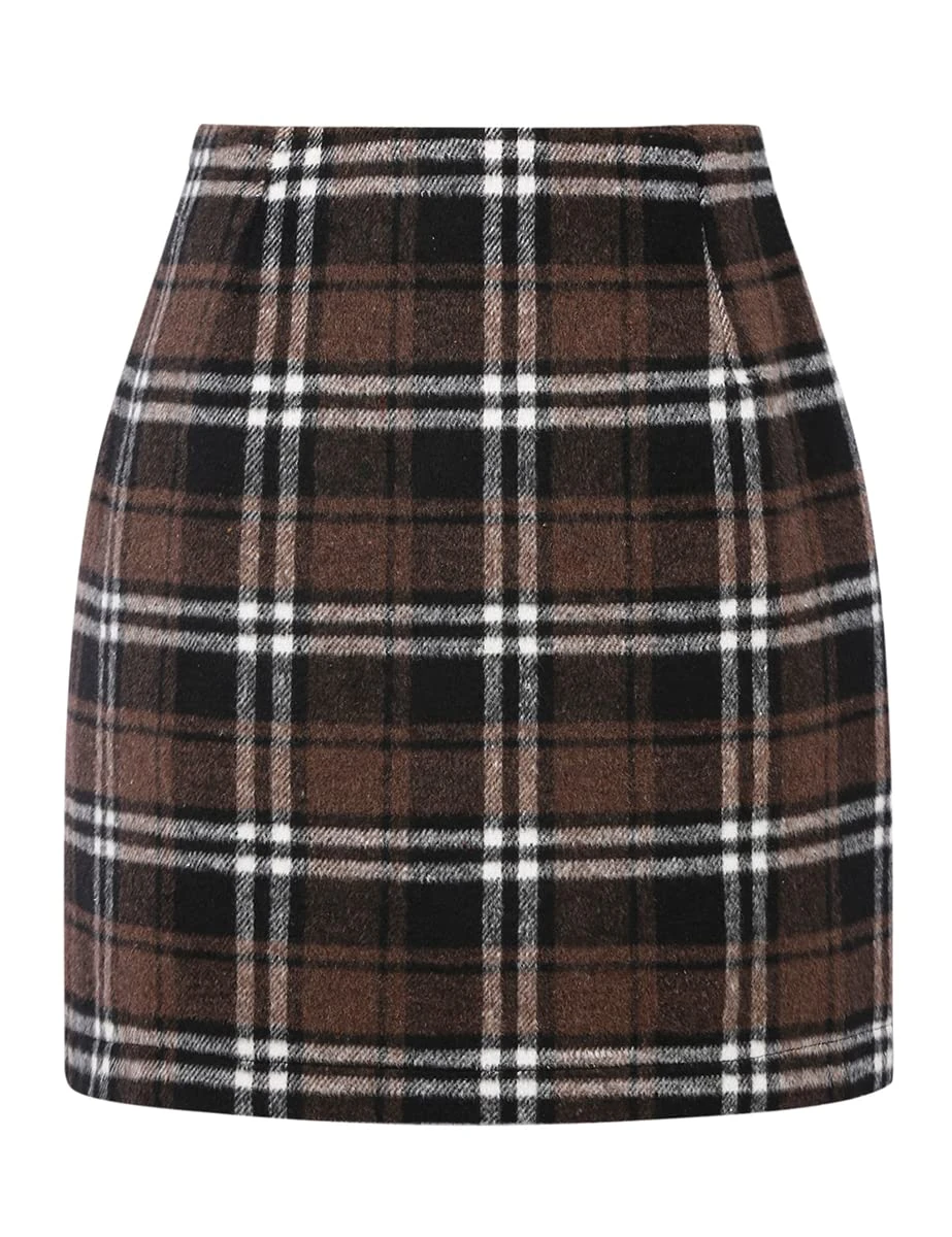 IDEALSANXUN Womens High Waist Plaid Skirt Bodycon Pencil Wool Mini Skirts, Coffee, M