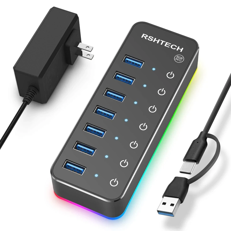 Powered USB Hub, RSHTECH RGB 7 Ports USB 3.0/USB C Hub with 14 Mode RGB LED Strip, Individual Touch Switches, 3.3ft Data Cable and 5V/4A Power Adapter, Aluminum USB Hub for PC and Laptop, RSH-518R