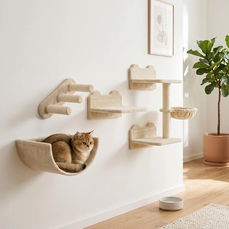 PawHut 4PCs Wall Mounted Cat Tree Cat Wall Shelves Furniture Climbing Shelf Set Kitten Activity Centre with Hammock, Scratching Post - Beige