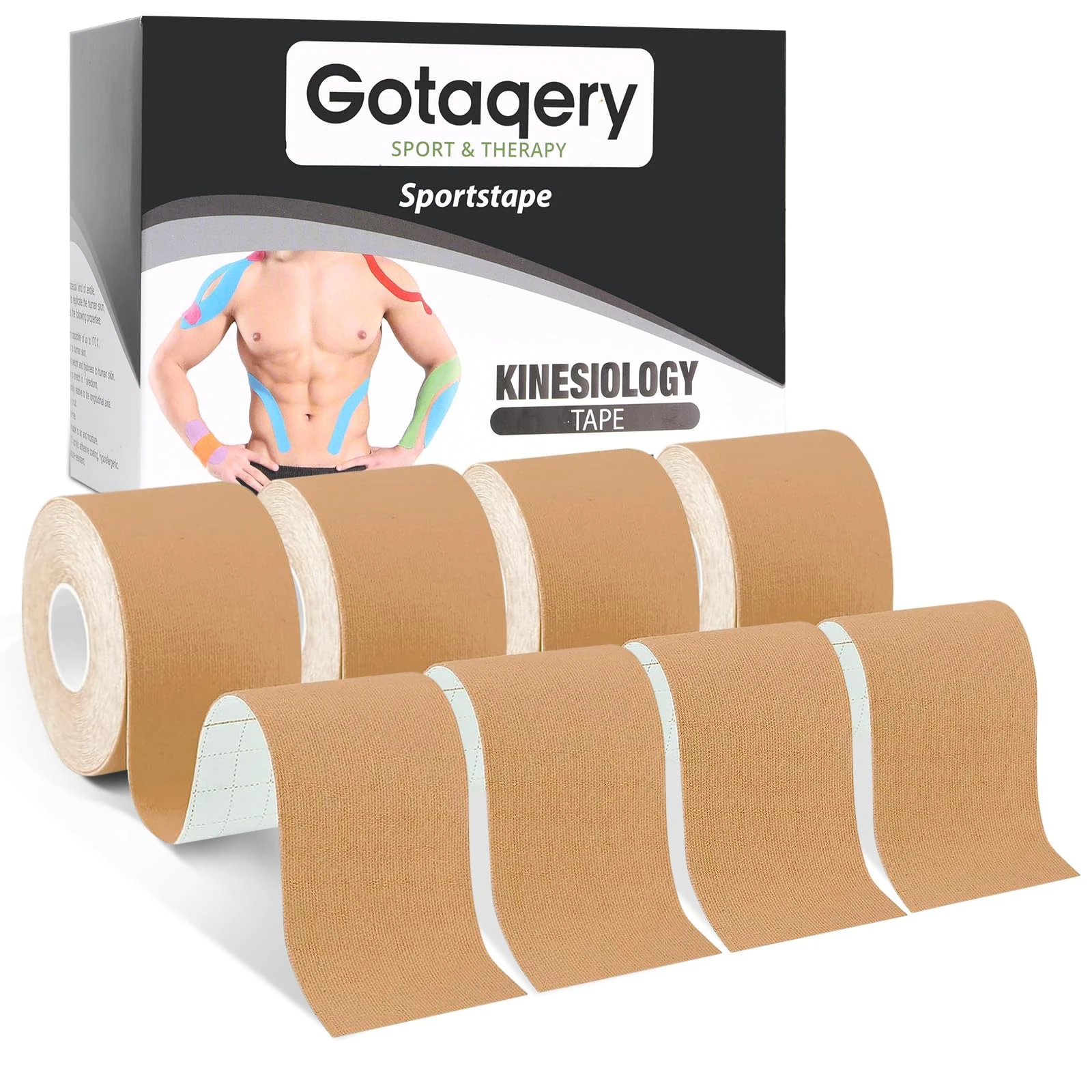 Gotaqery Kinesiology Tape (4 Rolls Pack), Waterproof Elastic Muscle Support Tape for Exercise, Sports & Injury Recovery, Breathable & Latex Free, 5cm x 5m Per Roll (Beige)