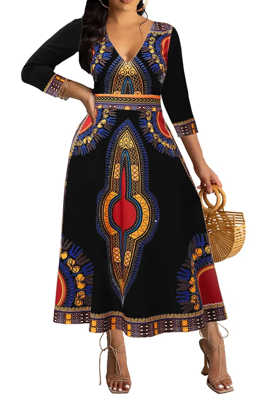African Long Dresses for Women Elegant Church Dresses Print Maxi Dress High Waist Cocktail Bohemian Vintage Party Outfits, A-Black/Ethnic Style, M