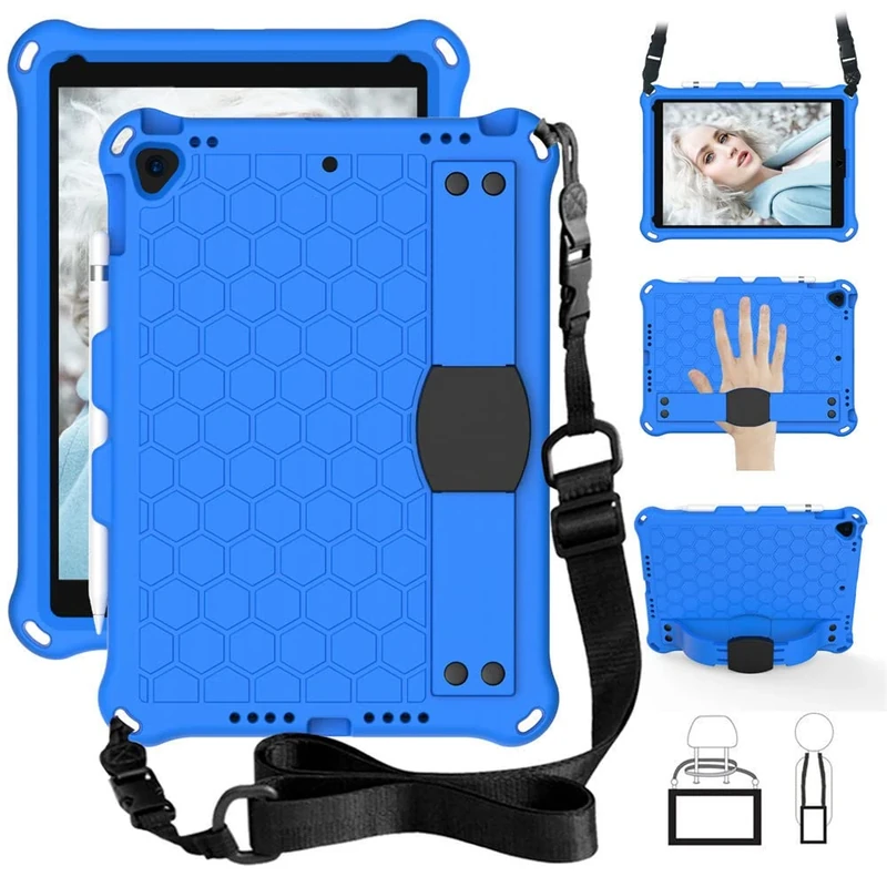 GrimClub iPad 9/8/7 10.2 inch Eva Shock Proof Light Weight Professional Kids Case with Pencil Holder Stand Hand Strap Shoulder Strap - Blue