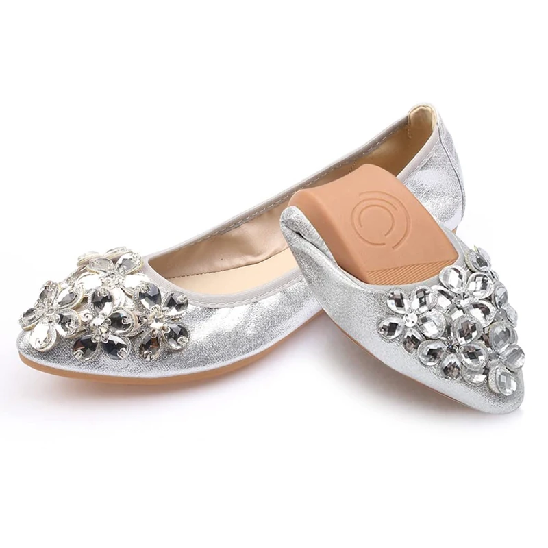 Women's Ballet Flats Foldable Casual Sparkly Rhinestone Wedding Ballerina Shoes Comfort Slip on Walking Flat Shoes - Image 1