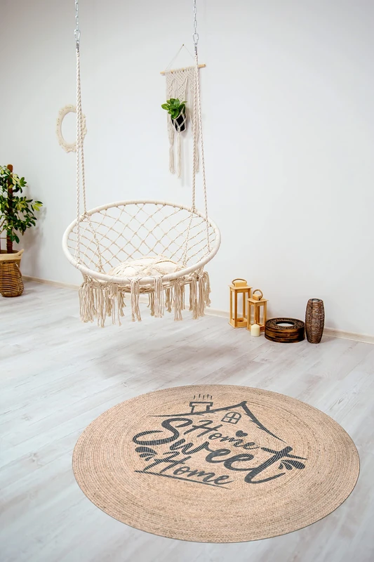 eCarpet TANGO Collection Round Carpet HOME SWEET HOME scandi handmade recycled 3059-120cm x 120cm Chic Bohemian Cotton, Hand Wash - Image 1