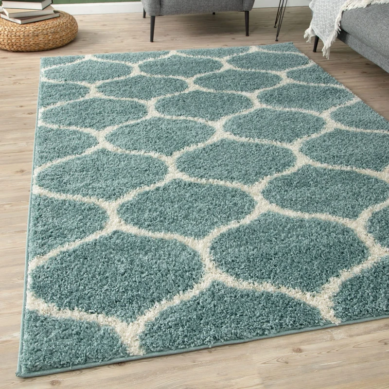 THE RUGS Shaggy Rug – Modern Moroccan Design Rugs for Living Room, Bedroom, Hallway, 3 cm Thick Area Rugs, (Trellis Duck egg blue/Ivory, 160x230cm)