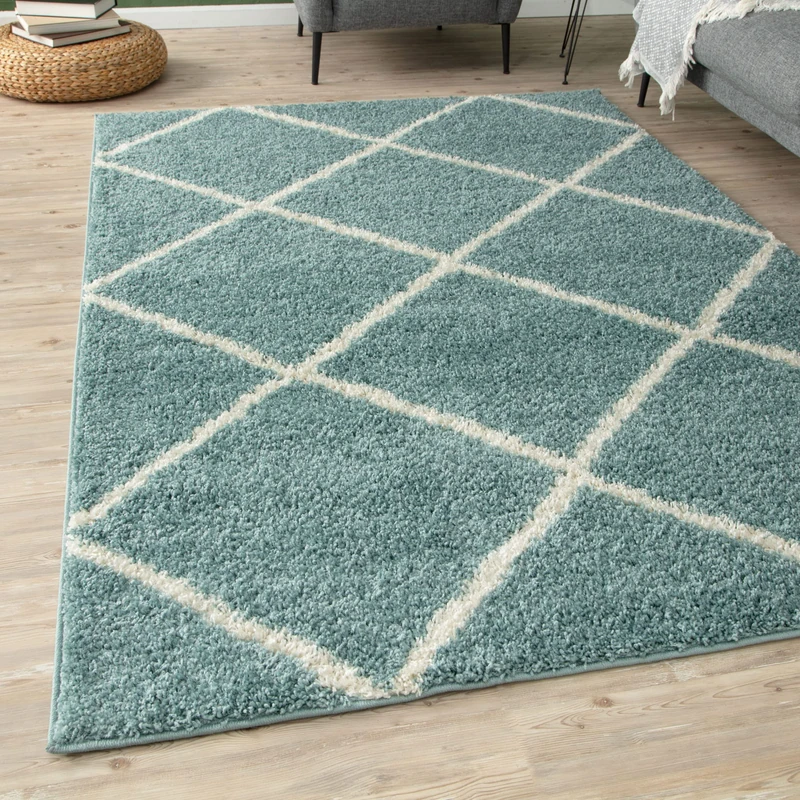 THE RUGS Shaggy Rug – Modern Moroccan Design Rugs for Living Room, Bedroom, Hallway, 3 cm Thick Area Rugs, (Diamond Duck egg blue/Ivory, 80x300cm)