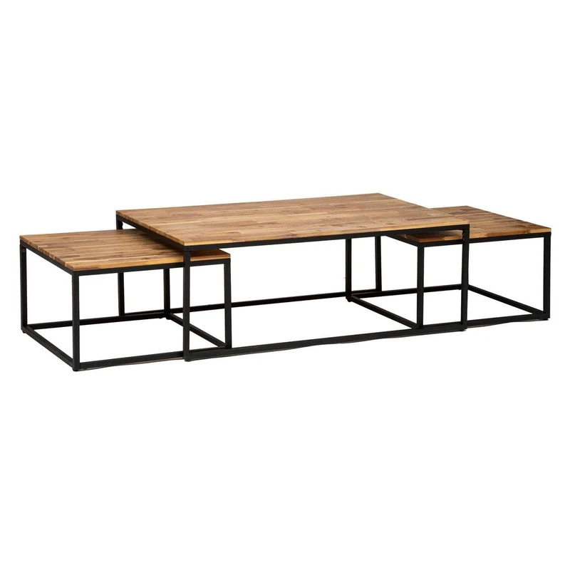 ATMOSPHERA CREATEUR D'INTERIEUR Atmosphera Set of 3 Coffee Tables in Black Metal and Acacia Wood Industrial Spirit, Brown, cm