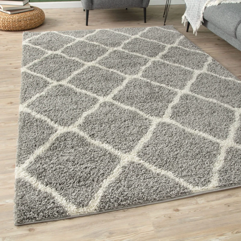 THE RUGS Shaggy Rug – Modern Moroccan Design Rugs for Living Room, Bedroom, Hallway, 3 cm Thick Area Rugs, (Moroccan Grey/Ivory, 160x230cm)