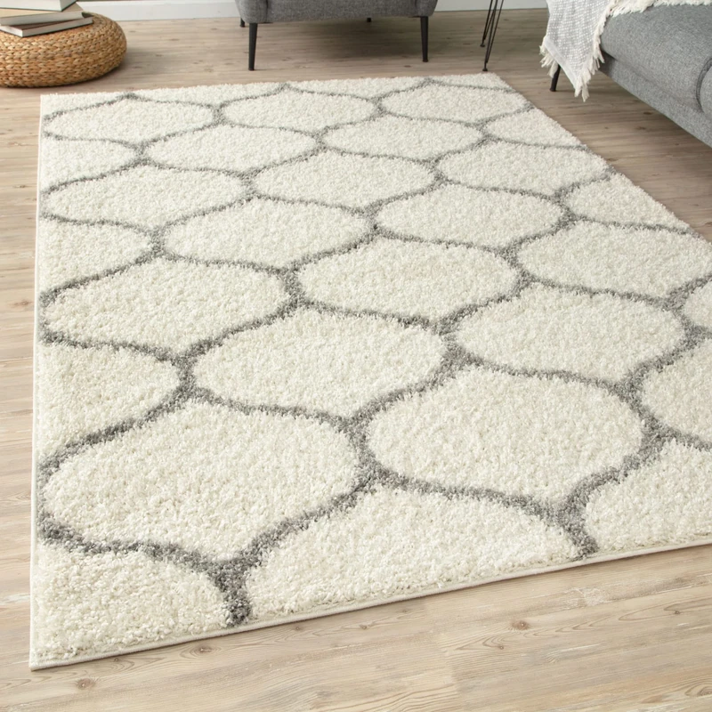 THE RUGS Shaggy Rug – Modern Moroccan Design Rugs for Living Room, Bedroom, Hallway, 3 cm Thick Area Rugs, (Trellis Ivory/Grey, 140x200cm)