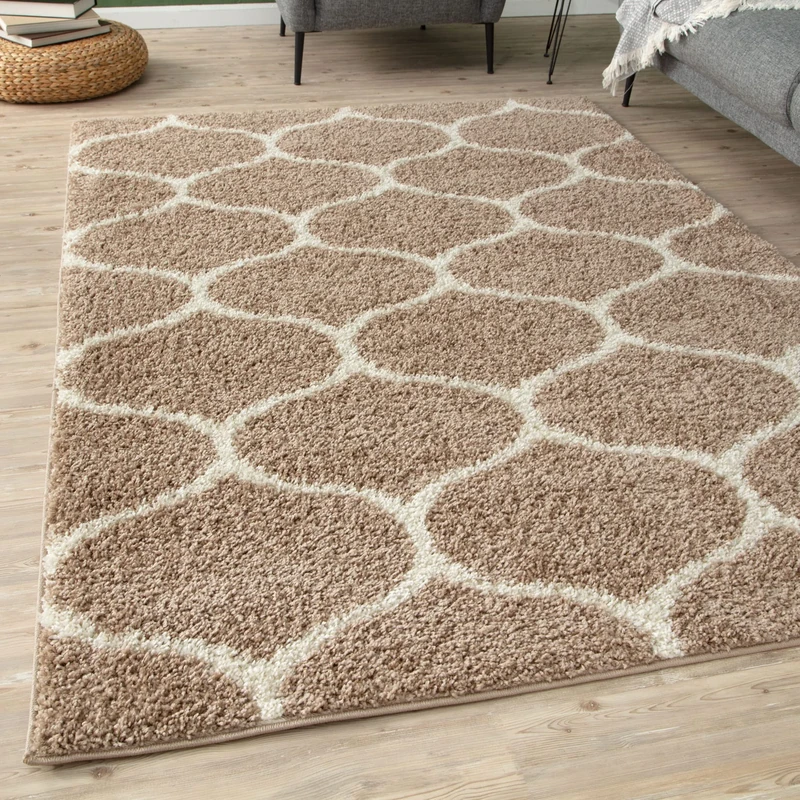 THE RUGS Shaggy Rug – Modern Moroccan Design Rugs for Living Room, Bedroom, Hallway, 3 cm Thick Area Rugs, (Trellis Beige/Ivory, 80x300cm)