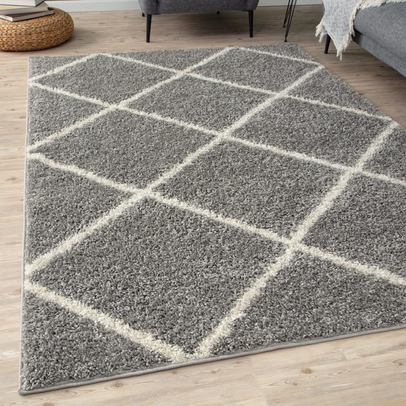 THE RUGS Shaggy Rug – Modern Moroccan Design Rugs for Living Room, Bedroom, Hallway, 3 cm Thick Area Rugs, (Diamond Grey/Ivory, 80x300cm)
