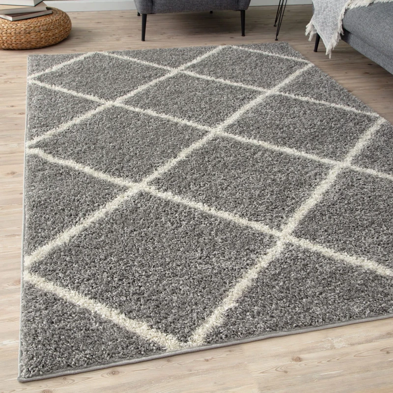 THE RUGS Shaggy Rug – Modern Moroccan Design Rugs for Living Room, Bedroom, Hallway, 3 cm Thick Area Rugs, (Diamond Grey/Ivory, 140x200cm)
