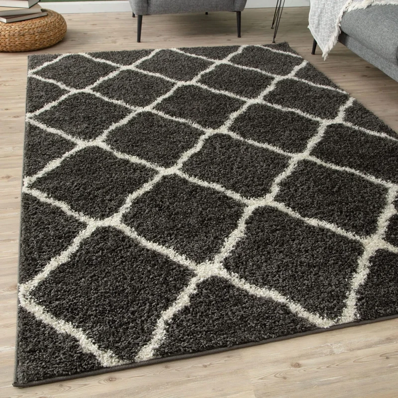 THE RUGS Shaggy Rug – Modern Moroccan Design Rugs for Living Room, Bedroom, Hallway, 3 cm Thick Area Rugs, (Moroccan Dark Grey/Ivory, 140x200cm)