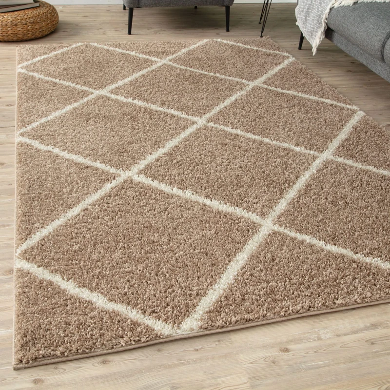 THE RUGS Shaggy Rug – Modern Moroccan Design Rugs for Living Room, Bedroom, Hallway, 3 cm Thick Area Rugs, (Diamond Beige/Ivory, 180x270cm)