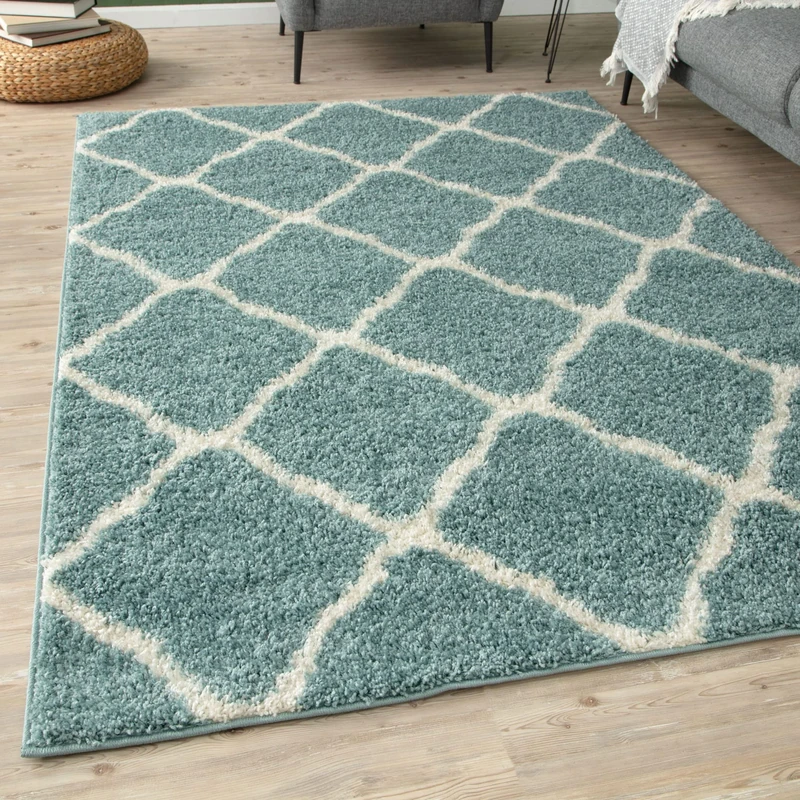 THE RUGS Shaggy Rug – Modern Moroccan Design Rugs for Living Room, Bedroom, Hallway, 3 cm Thick Area Rugs, (Moroccan Duck egg blue/Ivory, 200x290cm)