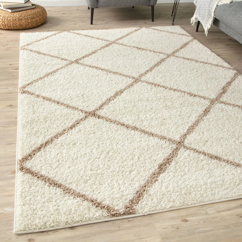 THE RUGS Shaggy Rug – Modern Moroccan Design Rugs for Living Room, Bedroom, Hallway, 3 cm Thick Area Rugs, (Diamond Ivory/Beige, 140x200cm)