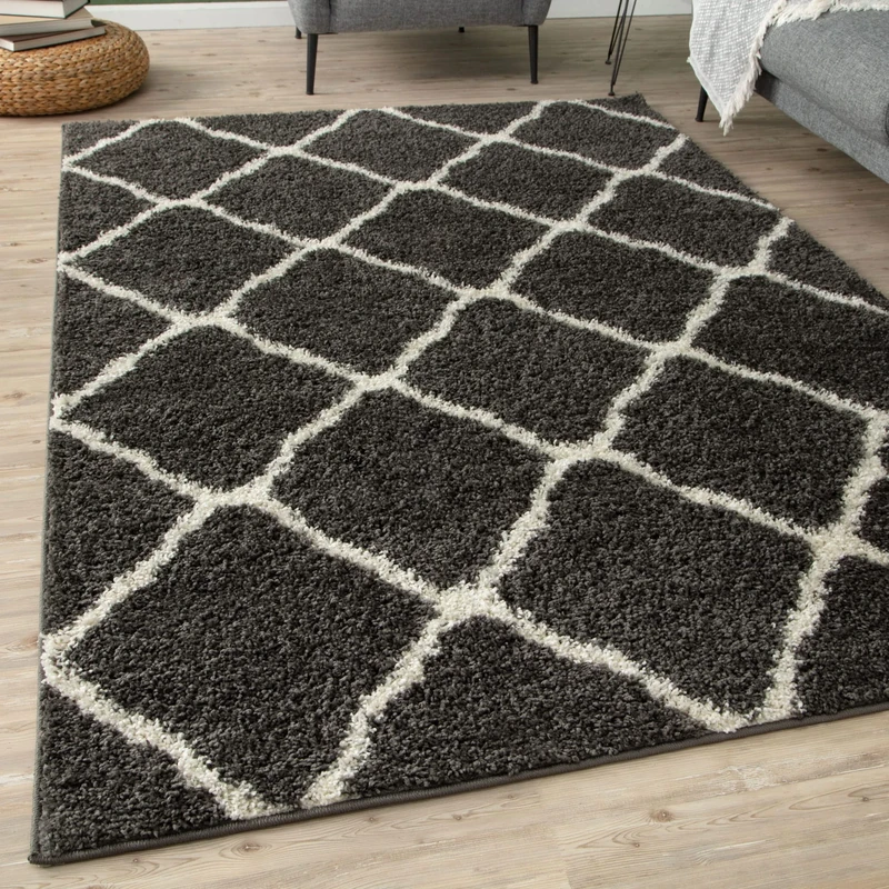 THE RUGS Shaggy Rug – Modern Moroccan Design Rugs for Living Room, Bedroom, Hallway, 3 cm Thick Area Rugs, (Moroccan Dark Grey/Ivory, 80x300cm)