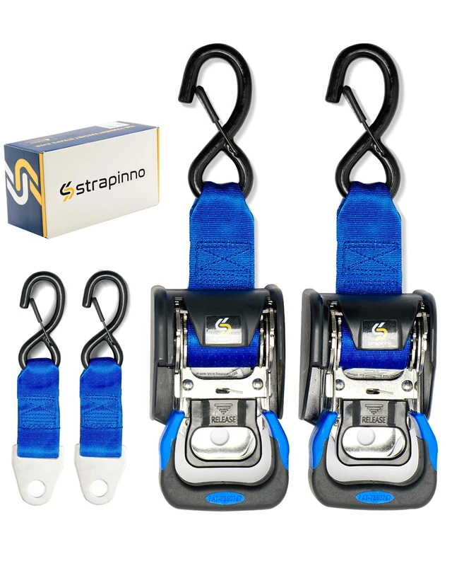 Strapinno 2PCS Stainless Steel Retractable Ratchet Straps (1 7/8 in x 4 ft) Heavy Duty Transom Tie Downs with Extension Straps, Bolt Set & Safety Latch S-Hooks,for Boat,Break Strength 1,650 LBS/750KG