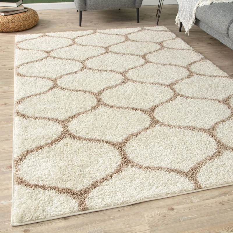 THE RUGS Shaggy Rug – Modern Moroccan Design Rugs for Living Room, Bedroom, Hallway, 3 cm Thick Area Rugs, (Trellis Ivory/Beige, 140x200cm)