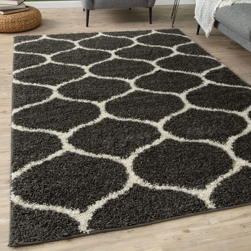 THE RUGS Shaggy Rug – Modern Moroccan Design Rugs for Living Room, Bedroom, Hallway, 3 cm Thick Area Rugs, (Trellis Dark Grey/Ivory, 140x200cm)